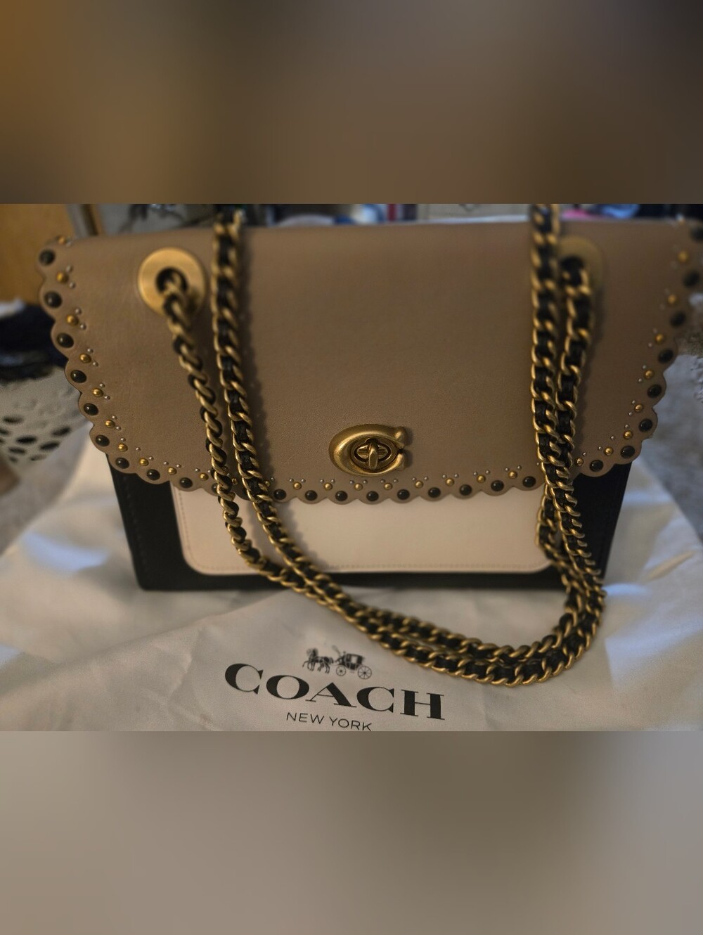 Coach Scalloped Rivets Parker Shoulder Bag in Taupe and Cream